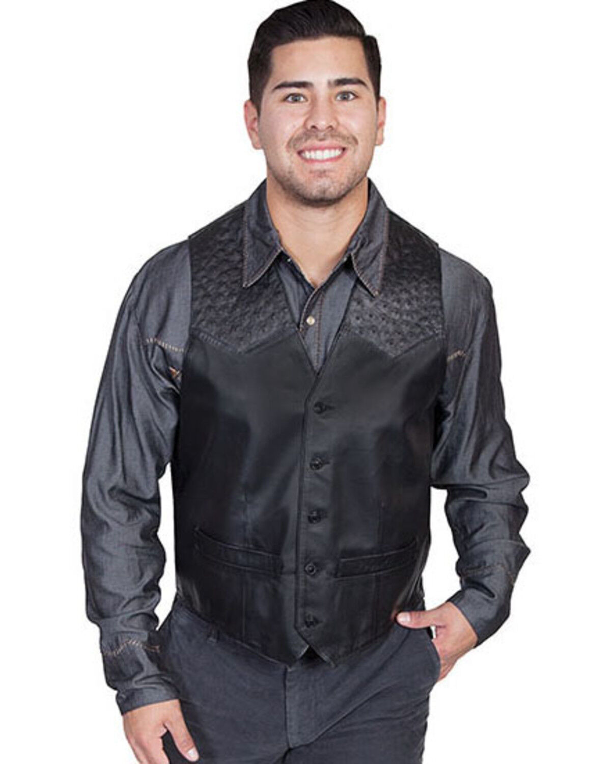 Scully Men's Ostrich Trim Leather Vest 