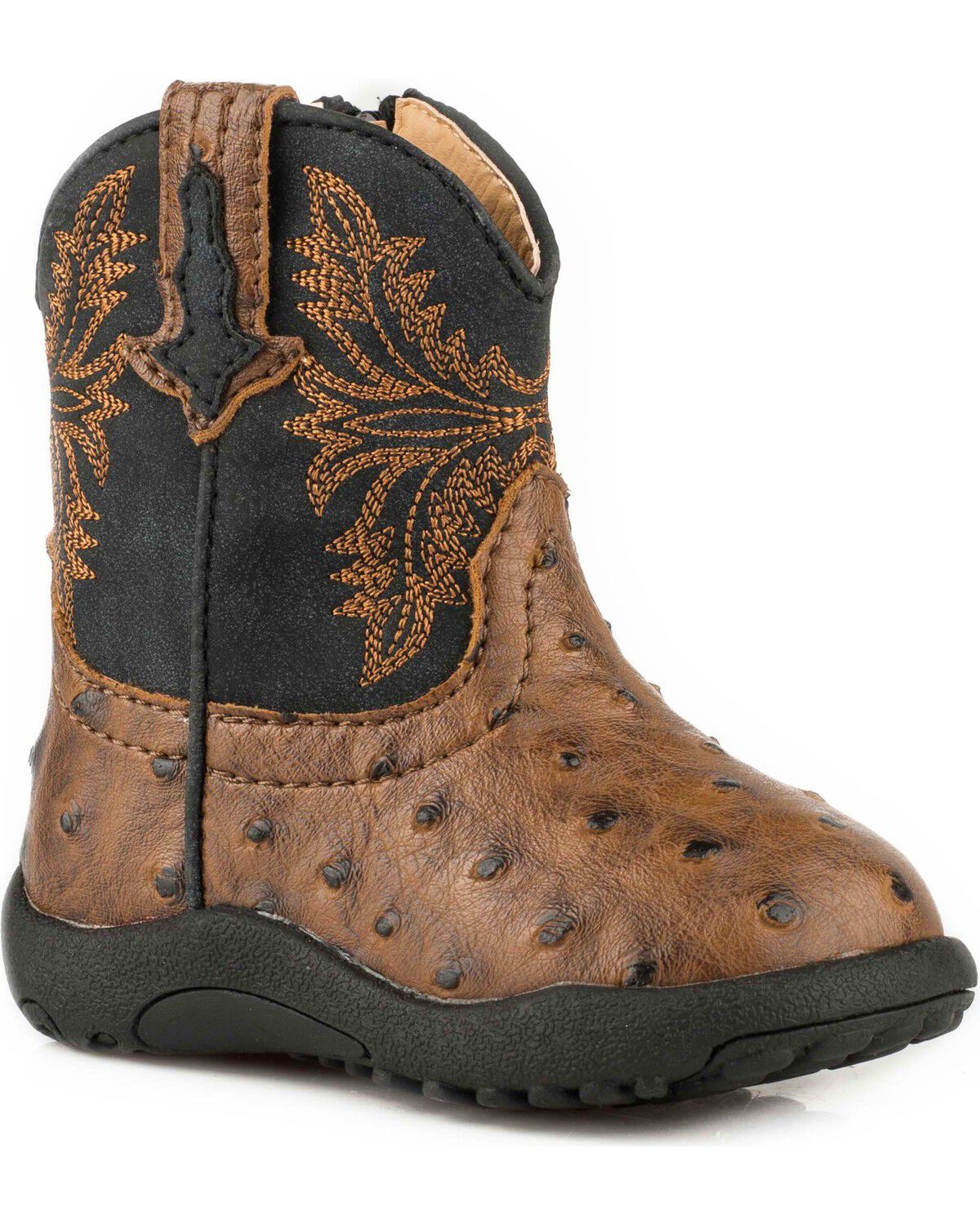 Roper Infant Boys' Jed Brown Ostrich Print Cowbabies Pre-Walker Boots - Round Toe 