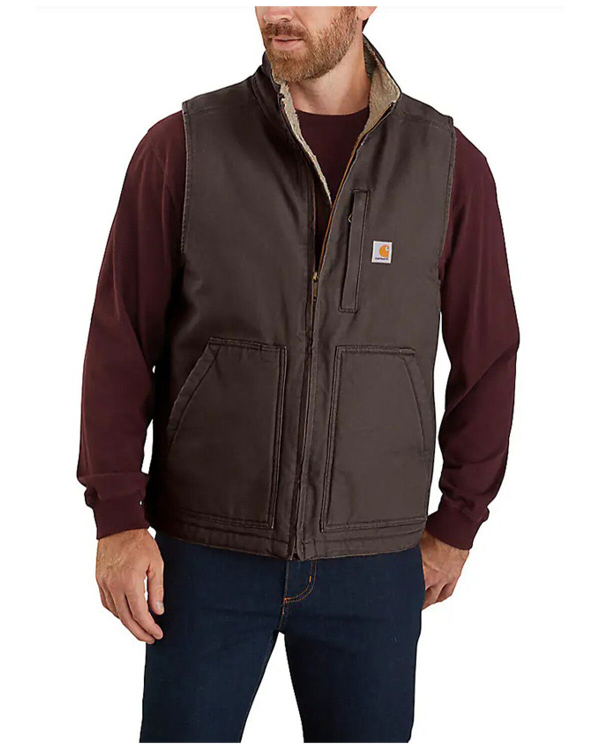 Carhartt Men's Dark Brown Washed Duck Sherpa Lined Mock Neck Loose Fit Work Vest 
