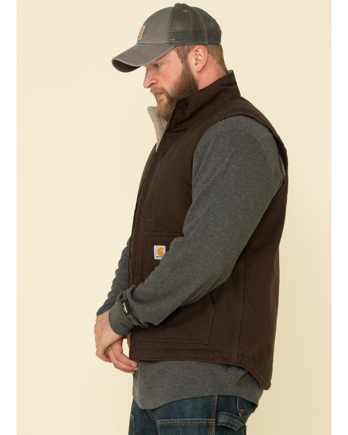 Carhartt Men's Dark Brown Washed Duck Sherpa Lined Mock Neck Work Vest - Big
