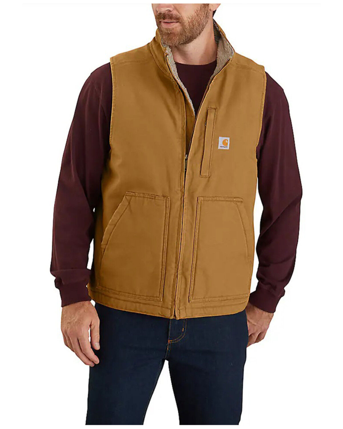 Carhartt Men's Brown Washed Duck Sherpa Lined Mock Neck Work Vest - Tall 
