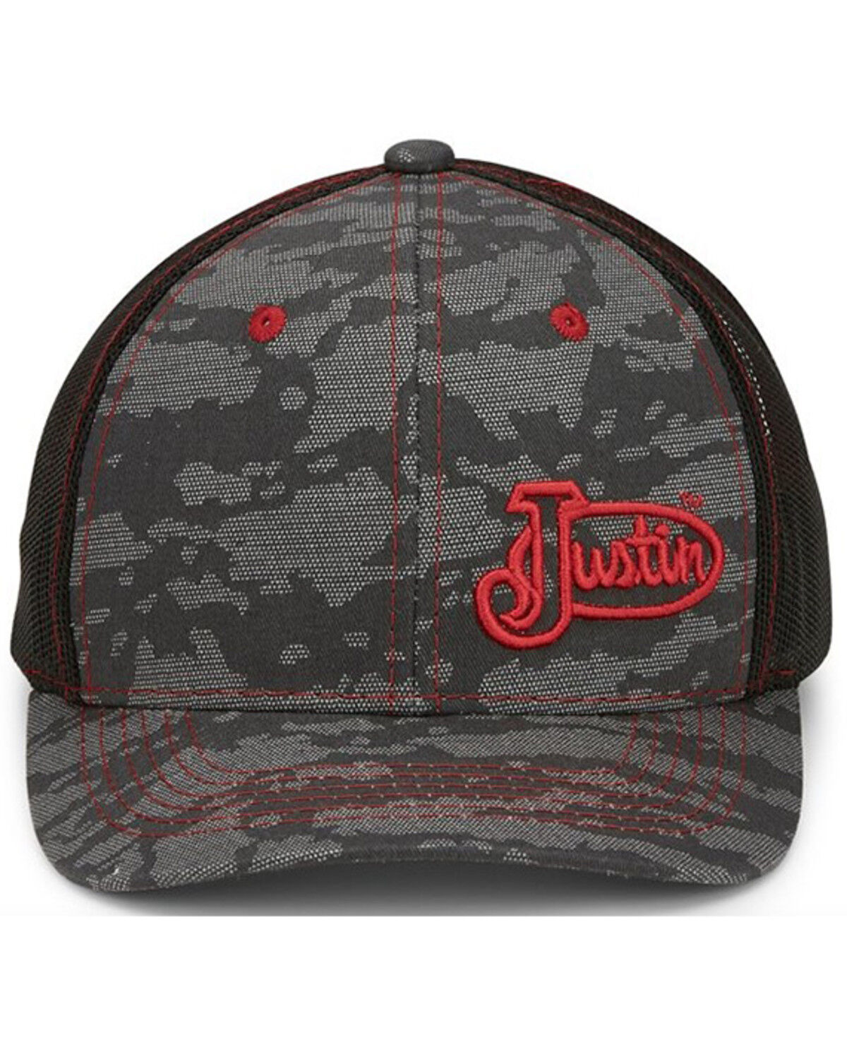 Justin Men's Gray Camo & Red Embroidered Logo Mesh-Back Ball Cap 