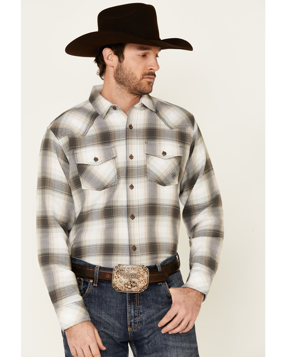 Ariat Men's Hickory Retro Large Plaid Thermal Long Sleeve Button Down Western Shirt 