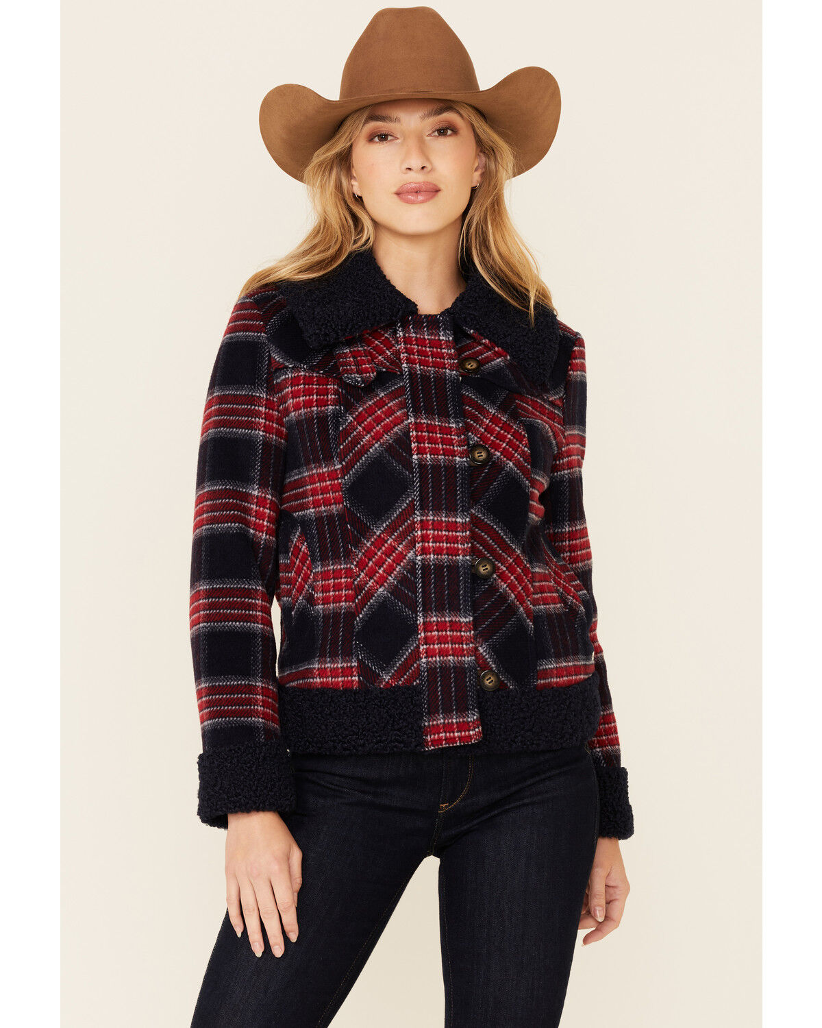 Powder River Outfitters Women's Red & Navy Plaid Button-Front Wool Sherpa Coat 